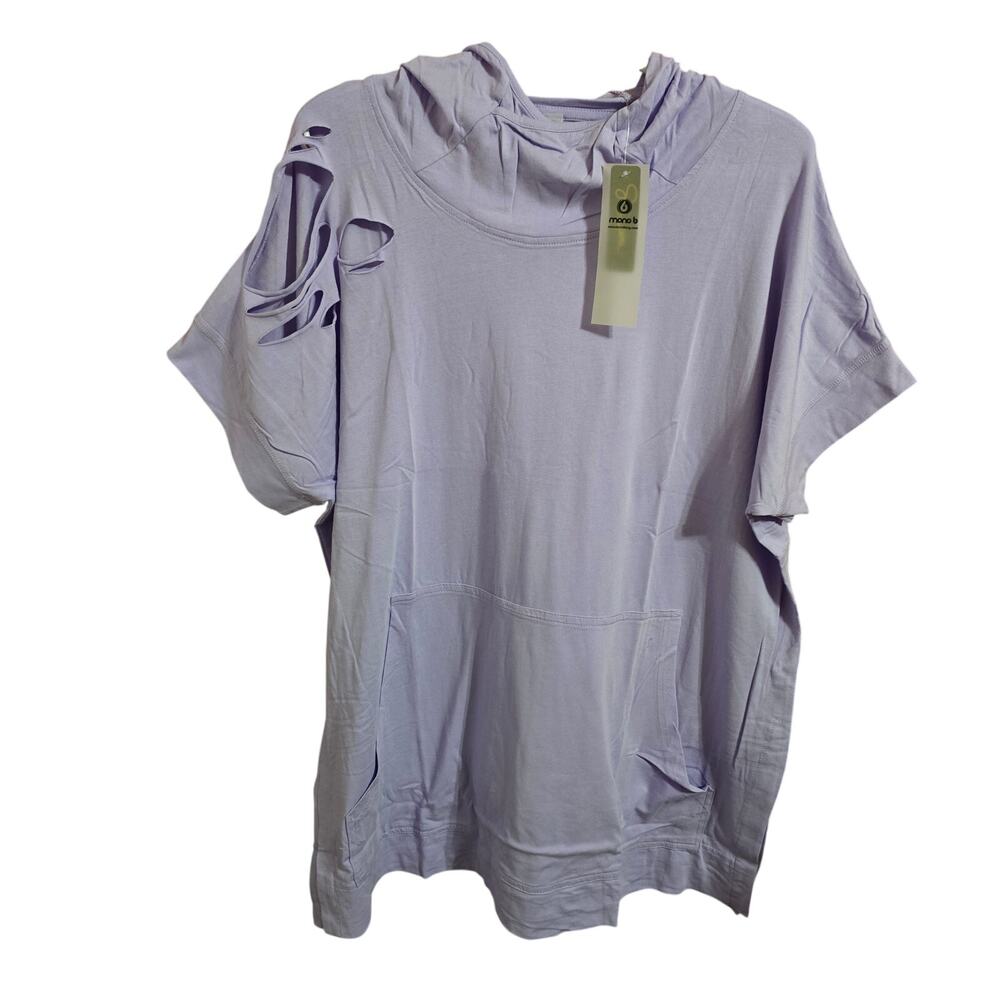 Mono B Lavender Short Sleeve Hoodie Top Distressed Shoulder Kangaroo Pocket M/L
